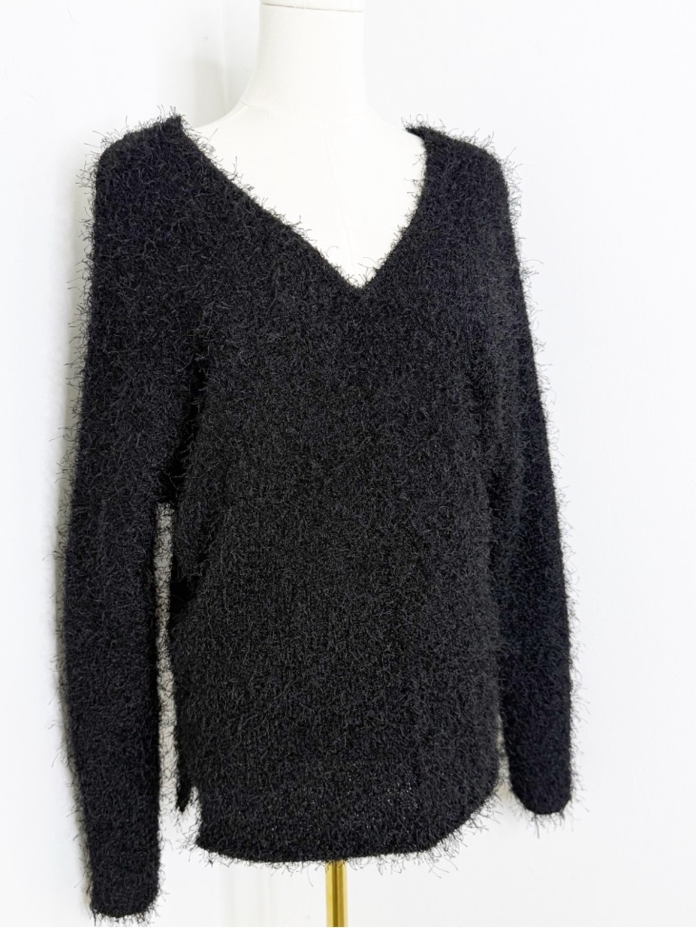 By Malene Birger Black Eyelash Knit Sweater Size Medium Fuzzy V Neck NWOT